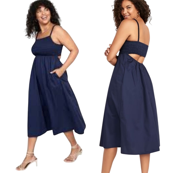 New Fit & Flare Cotton-Poplin Smocked Cutout Cami Midi Dress In Navy Size 3X - Picture 1 of 5